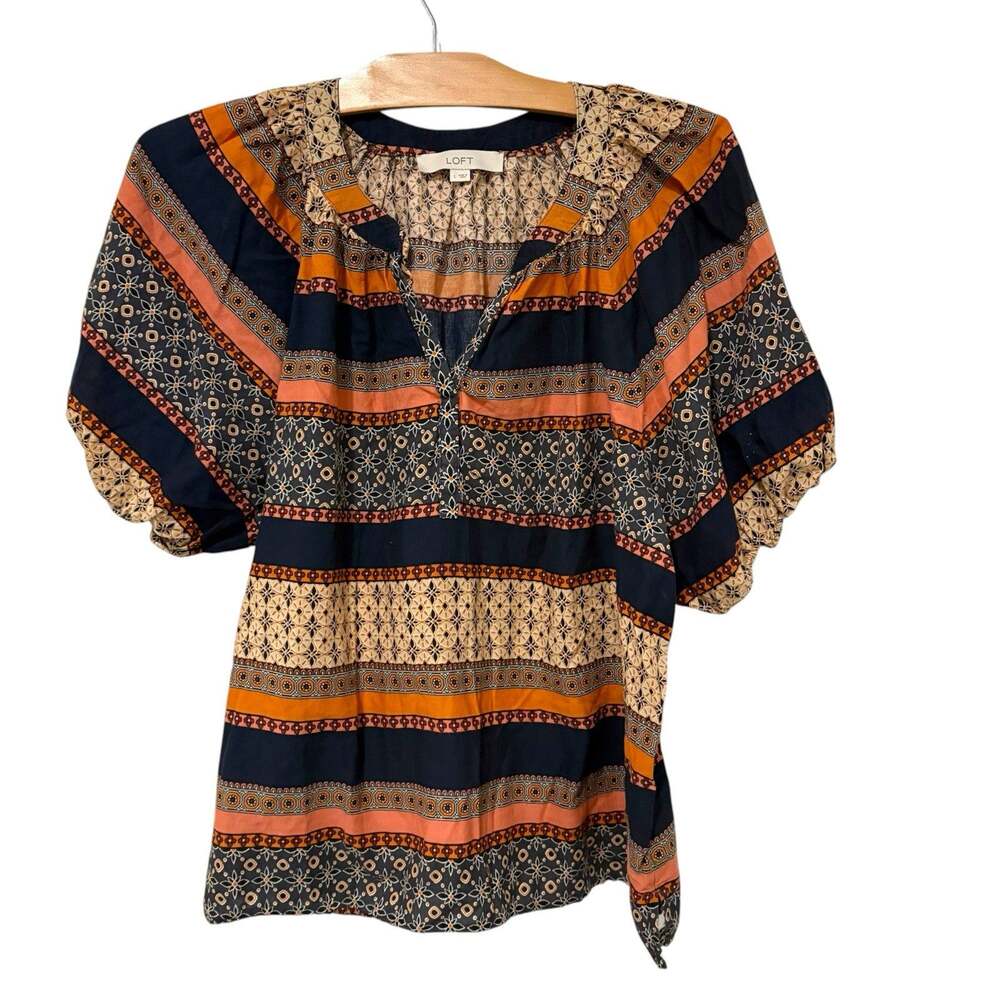 Ann Taylor LOFT | Top Pullover Short Sleeve Floral Orange Navy Cotton- Large